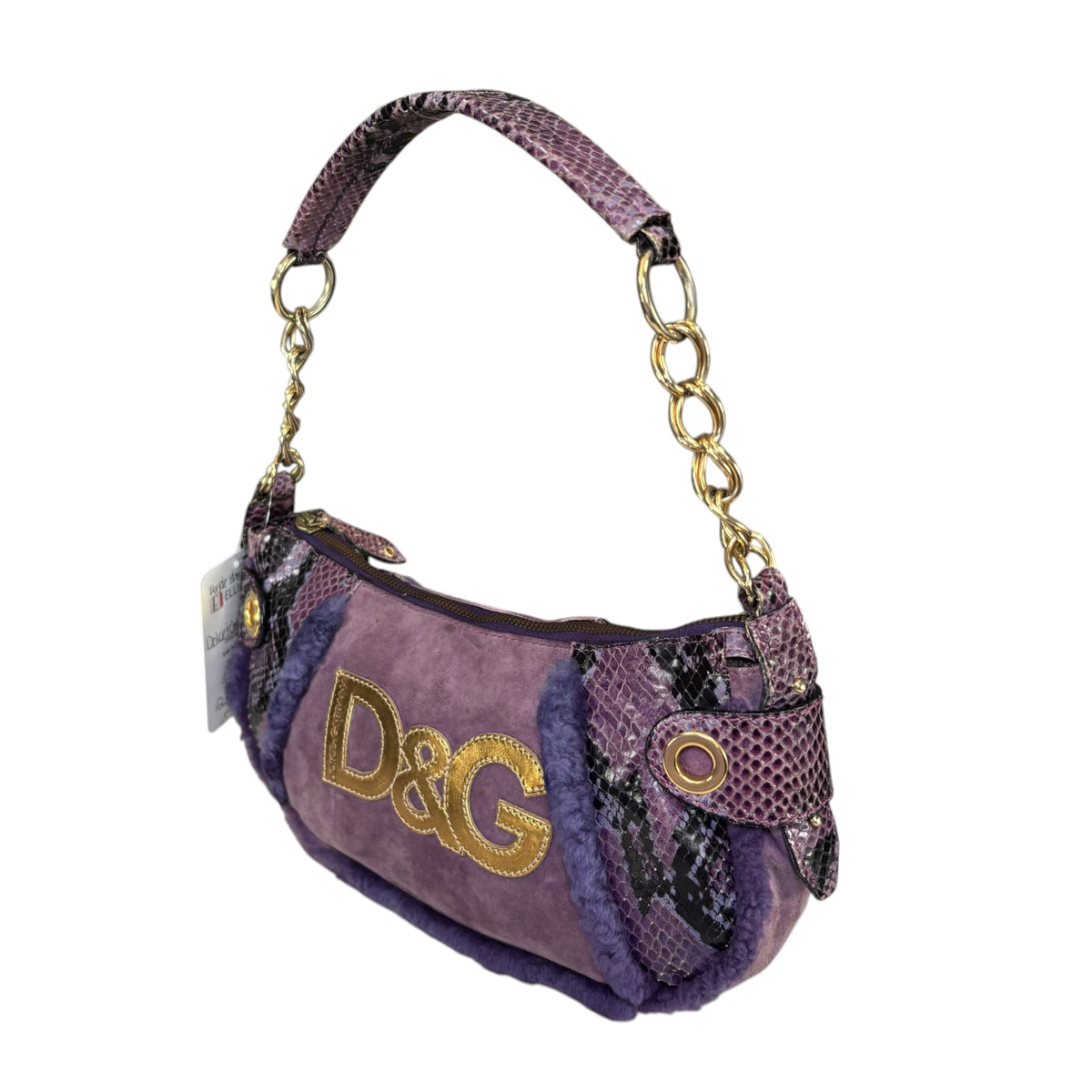 Dolce & Gabbana Y2K Purple Shearling Python Embossed Shoulder Purse