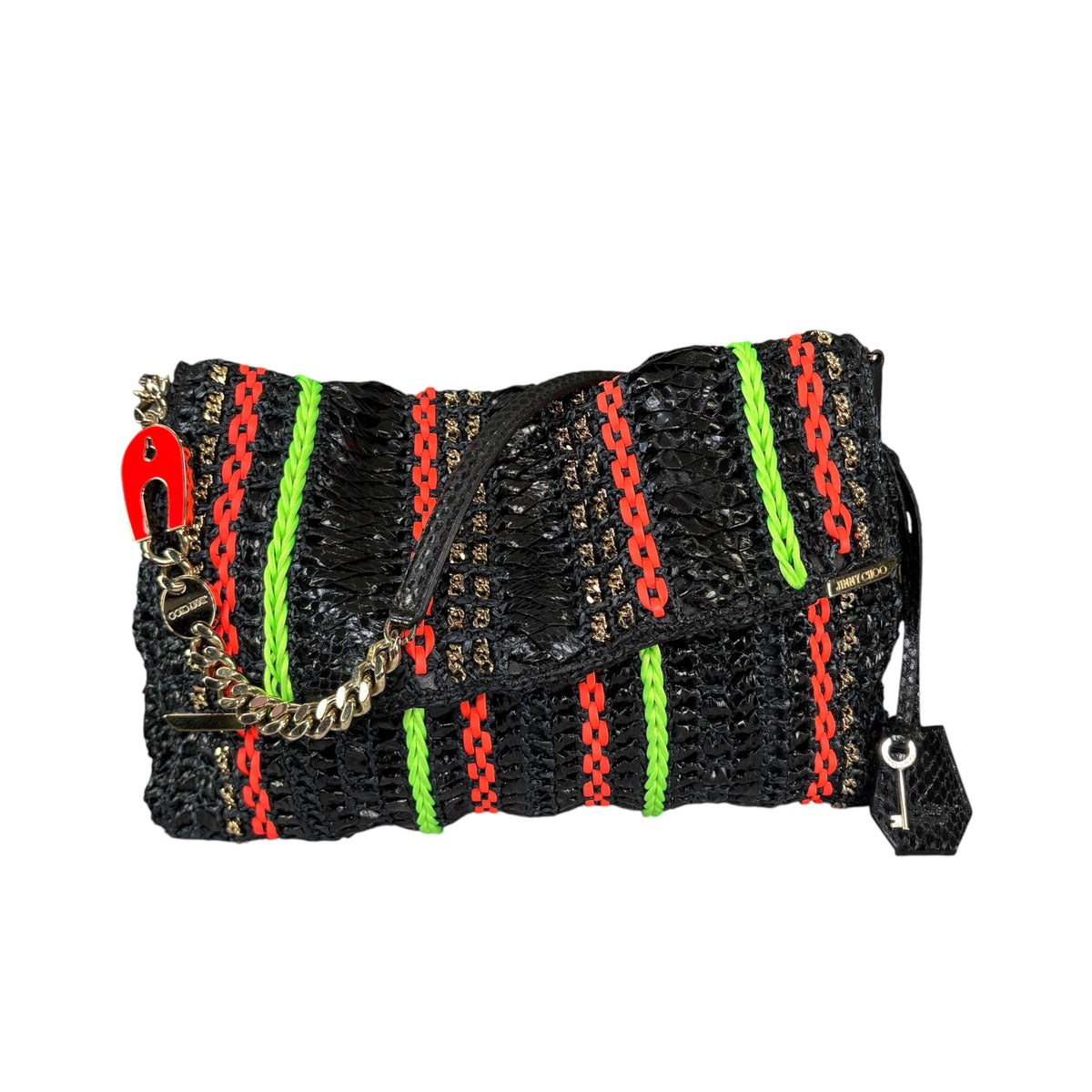 Jimmy Choo GHW Leather Rafia Neon Black Snake Chain Flap