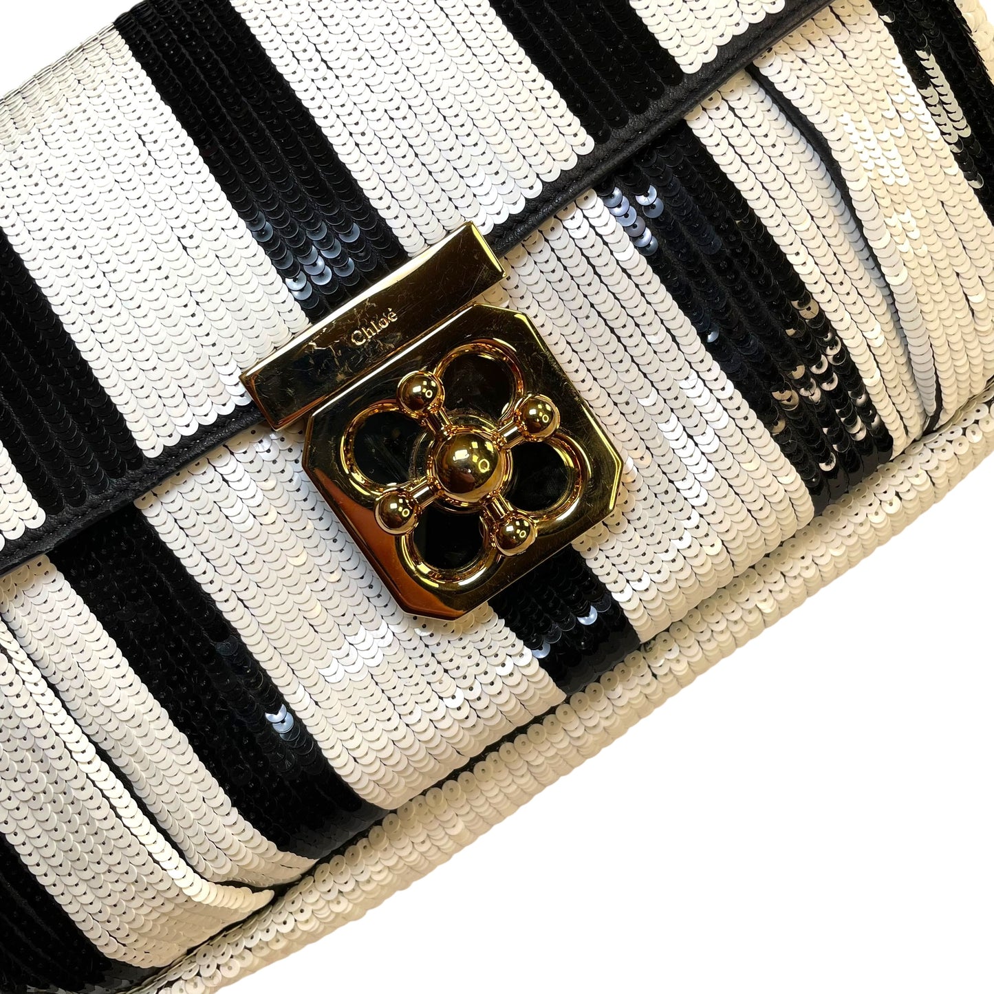 Chloe Elsie Medium Sequin Leather Stripe Black White GHW Rope Strap Shoulder Bag