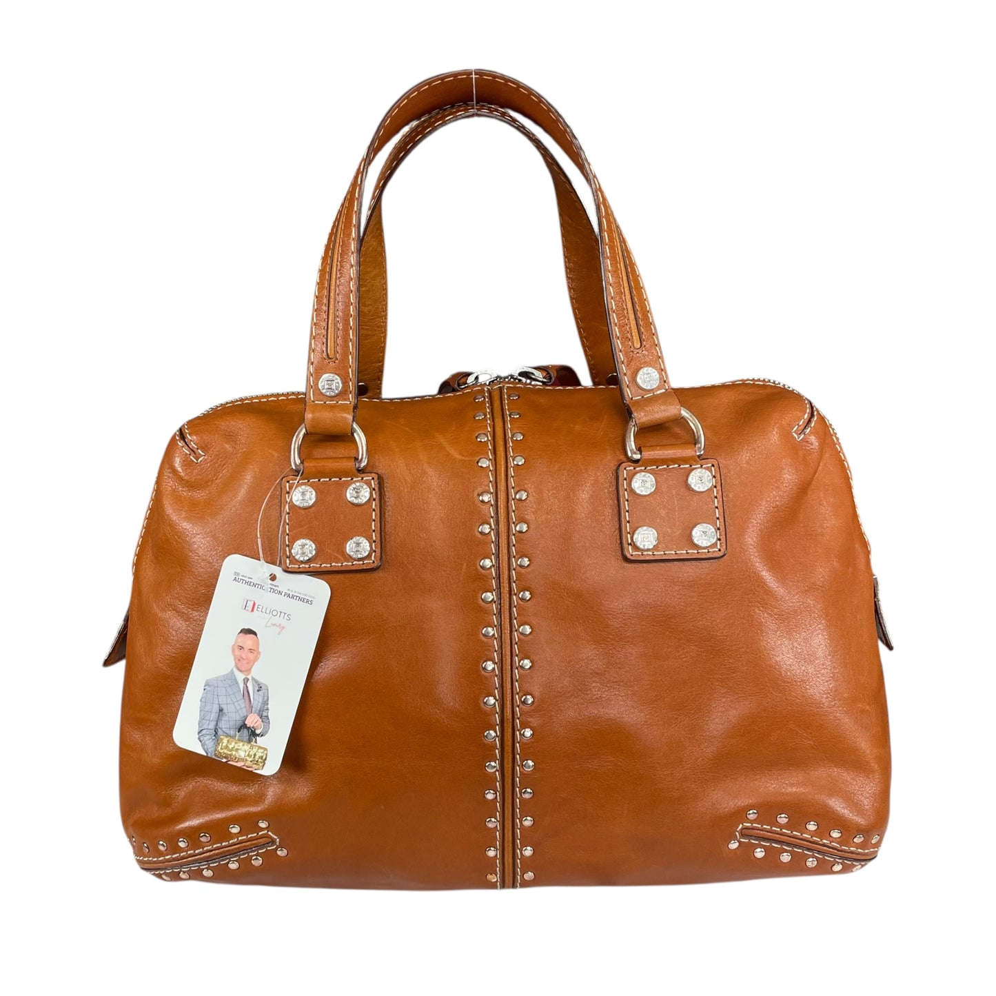 Michael Kors Astor Studded Equestrian SHW Distressed Tan Leather Satchel