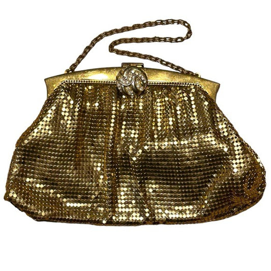 Whiting & Davis Golden Metal Crystal Medallion Mesh Clutch Kiss-Lock Mini Bag