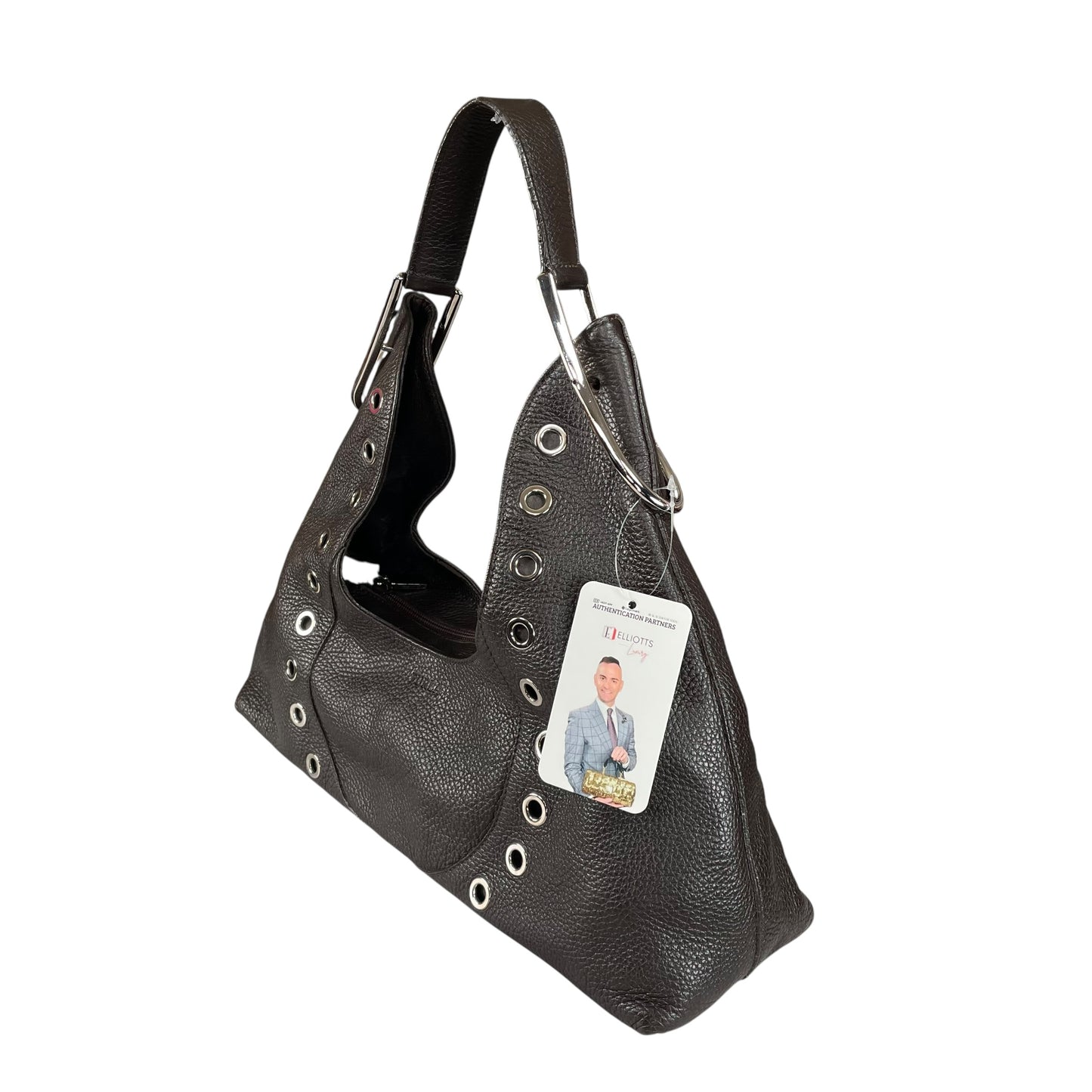 Furla Brown Pebbled Leather Hobo Bag SHW Double Sided Eyelet Deep D Shoulder Bag