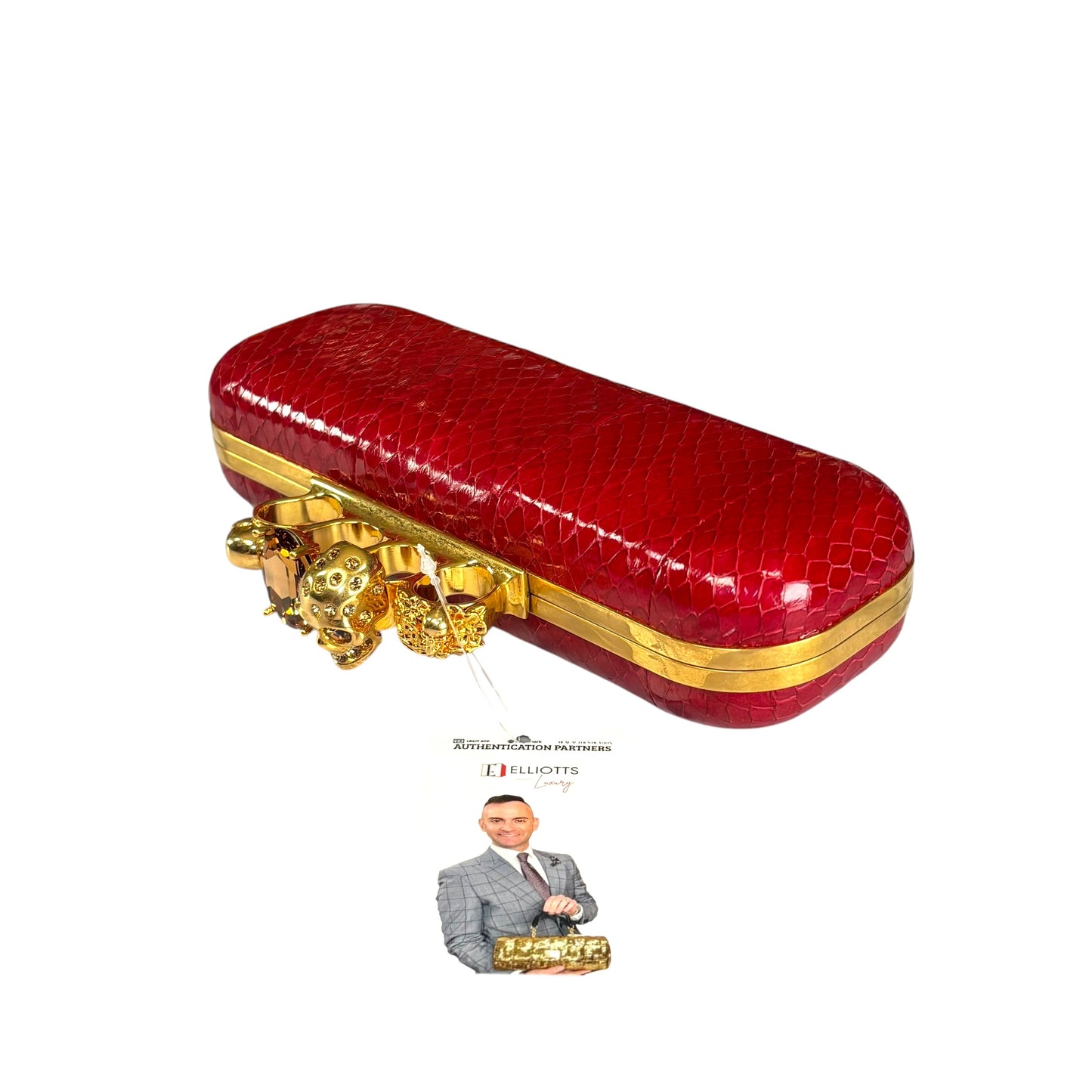 Alexander McQueen Ruby Red Embossed Leather Knuckle Clutch – Gold Rhinestone Skull Hardware