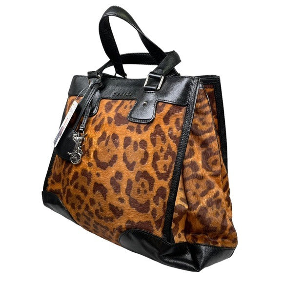 Celine Leather Satchel Trapezoid Black Pony Hair Cheetah Three File Large Tote