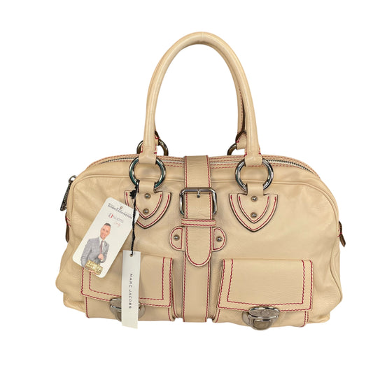 Marc Jacobs Venetia Cream Leather Tote Red Stitching Silver HW Large Satchel