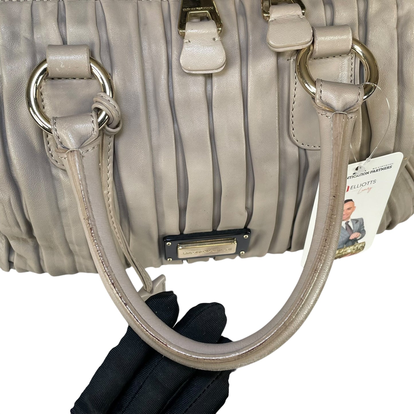 Emporio Armani Pleated GHW Leather Satchel Taupe Lock Key Crossbody Boston Bag