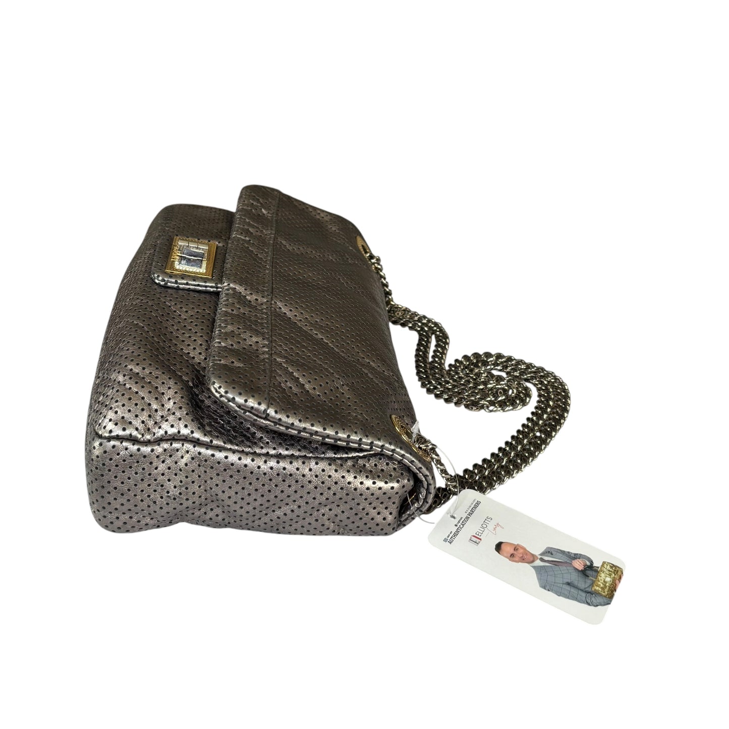 Chanel 2.55 Drill Flap Pewter Metallic Lambskin Leather GHW Med Shoulder Purse