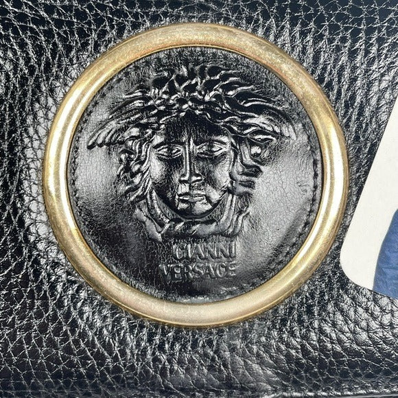Versace Black Gold Greek Key Medusa Calf Pebbled Top-Hand Snap Crossbody Bag