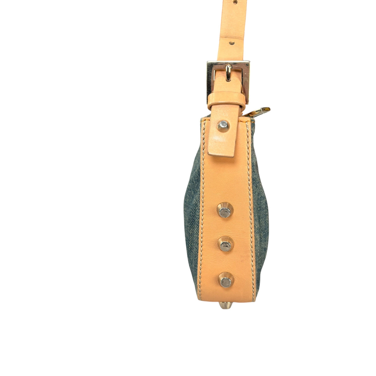 Fendi Y2K Baguette GHW Denim Studded Tan Leather Shoulder Purse