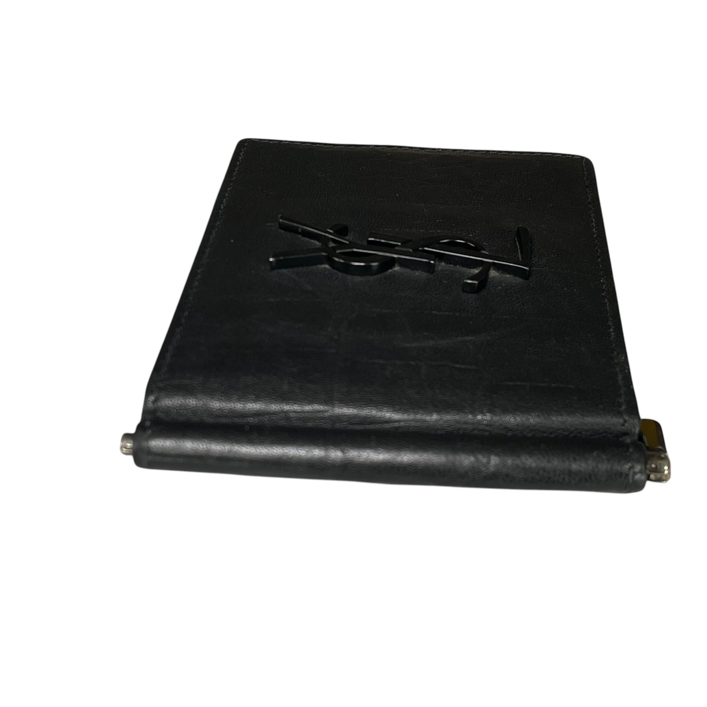 YSL Mens Black Croc Embossed Clip Cash Card Bi Fold Wallet