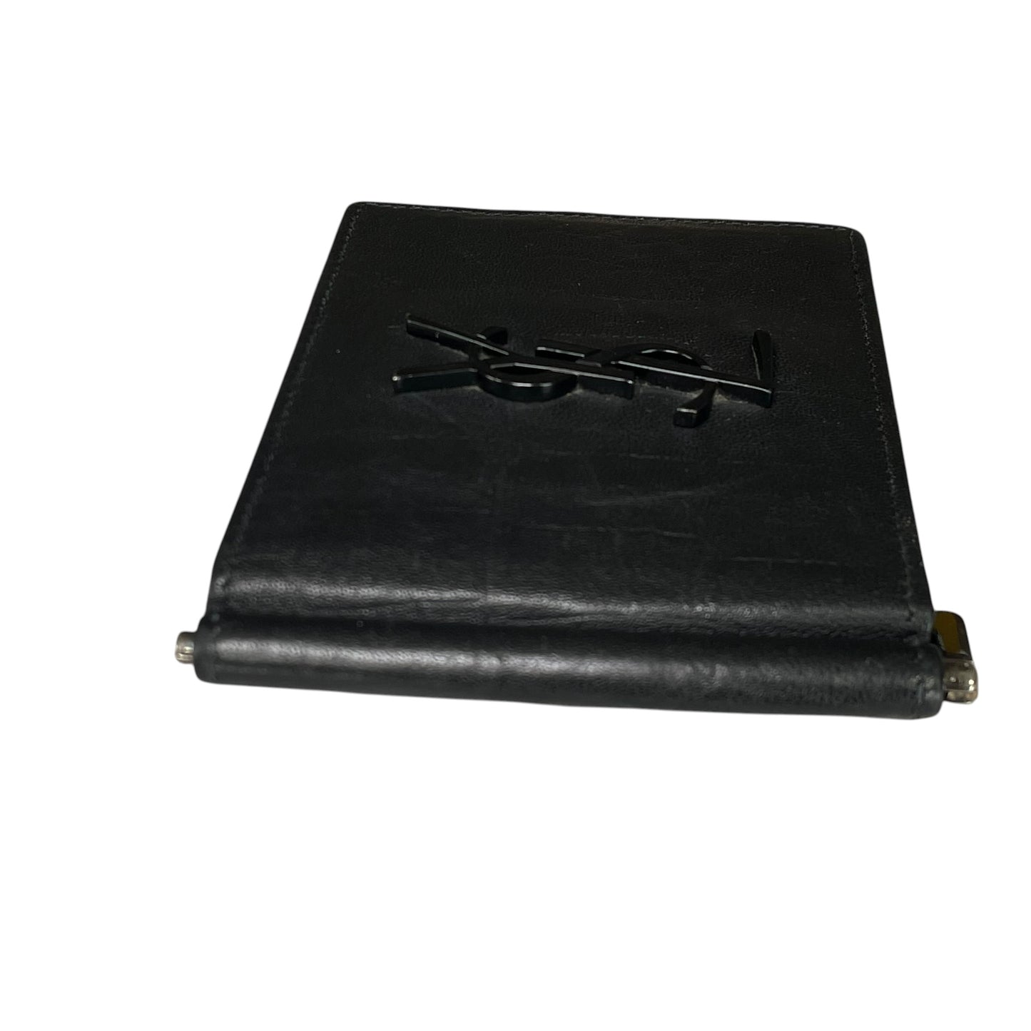 YSL Mens Black Croc Embossed Clip Cash Card Bi Fold Wallet