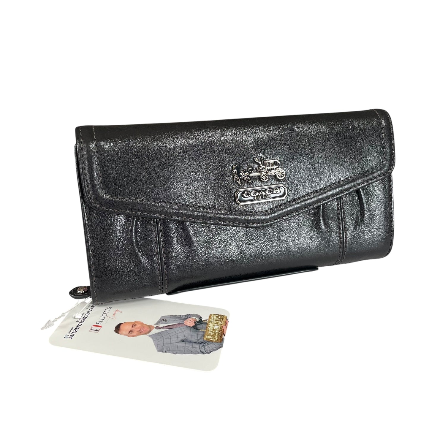 Coach Madison Carriage Logo Black Leather Trifold Long Wallet Lilac Interior SHW