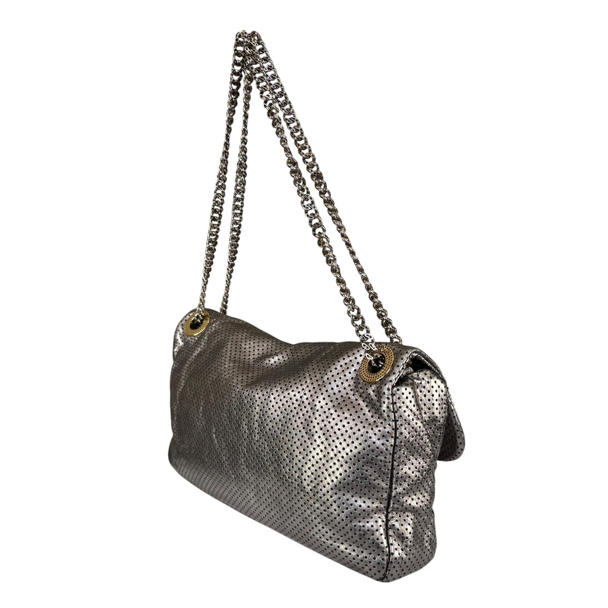 Chanel 2.55 Drill Flap Pewter Metallic Lambskin Leather GHW Med Shoulder Purse