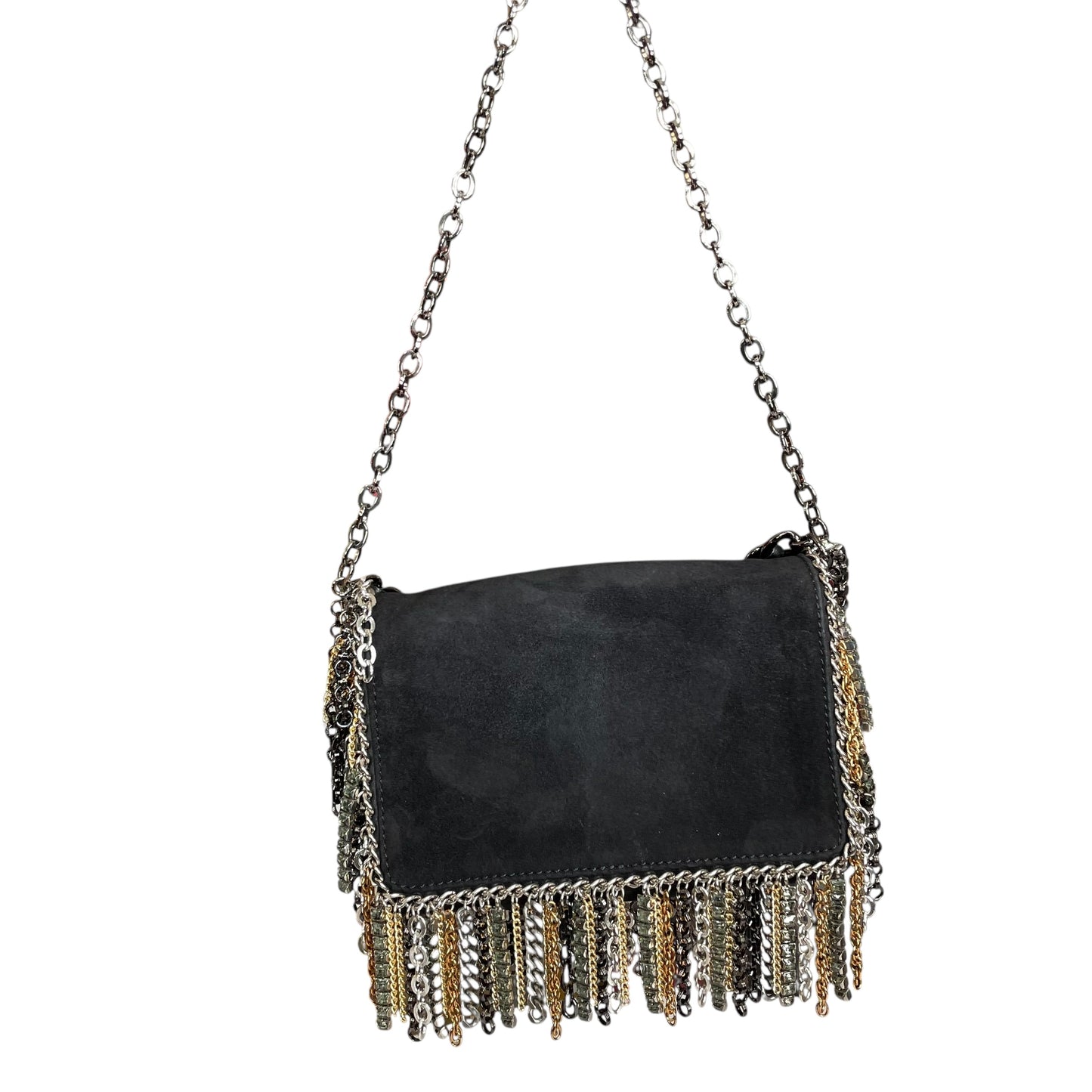 Jimmy Choo  Mini Black Suede Mixed Chain Rhinestone Fringe Hardware 2-Way Clutch Shoulder Purse