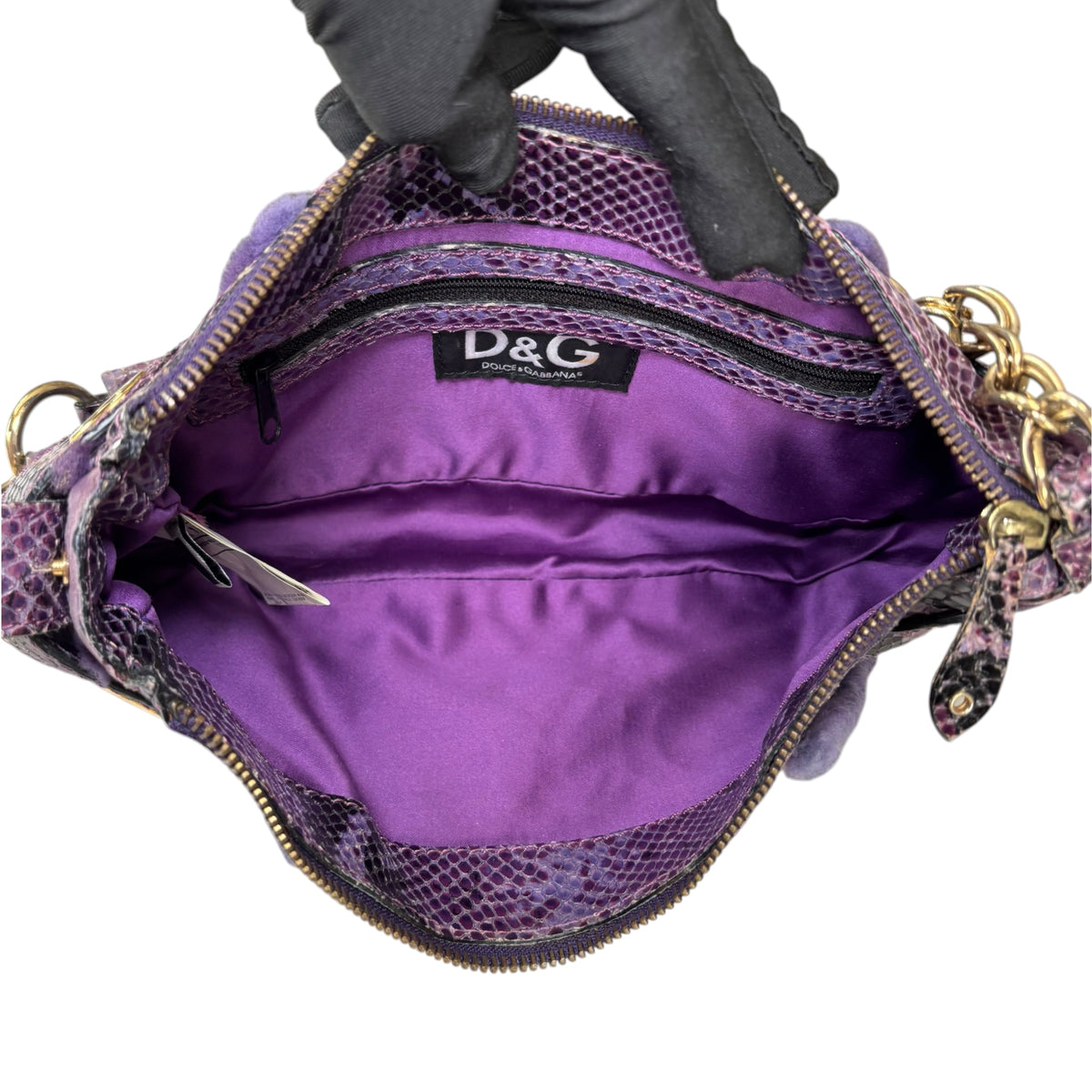 Dolce & Gabbana Y2K Purple Shearling Python Embossed Shoulder Purse