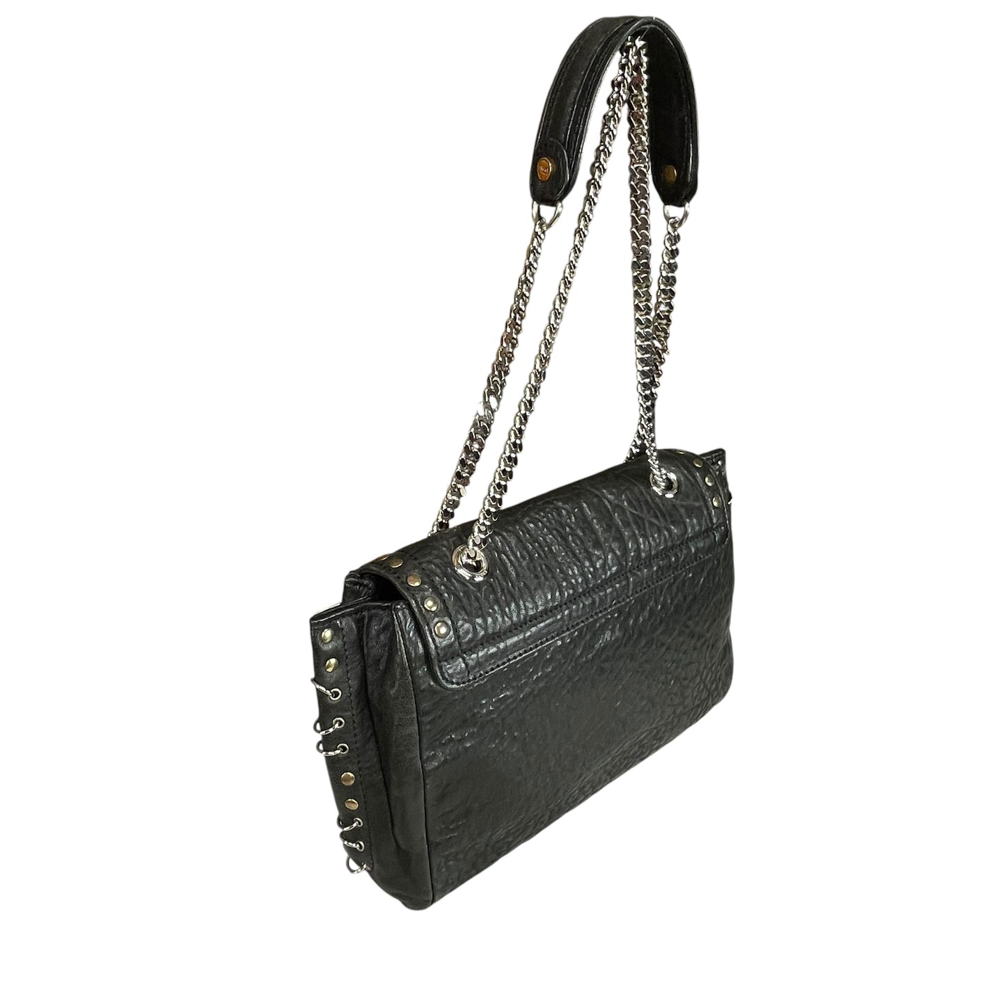 Emilio Pucci Pierced Studded Flap Black Aged Cowhide Silver Gold 2-Way Shoulder Bag