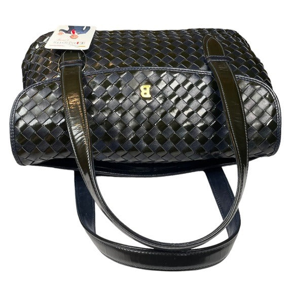 Bally Navy Blue Leather Flap Black Patent Leather Woven Satchel Purse Handbag