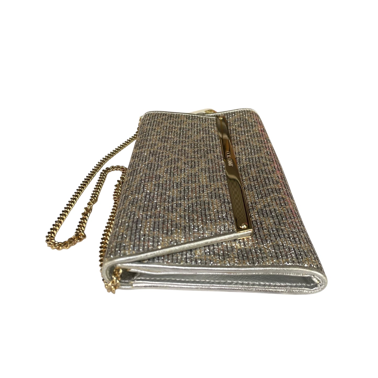 Jimmy Choo Margot Metallic Glitter Silver Leather GHW Chain Clutch