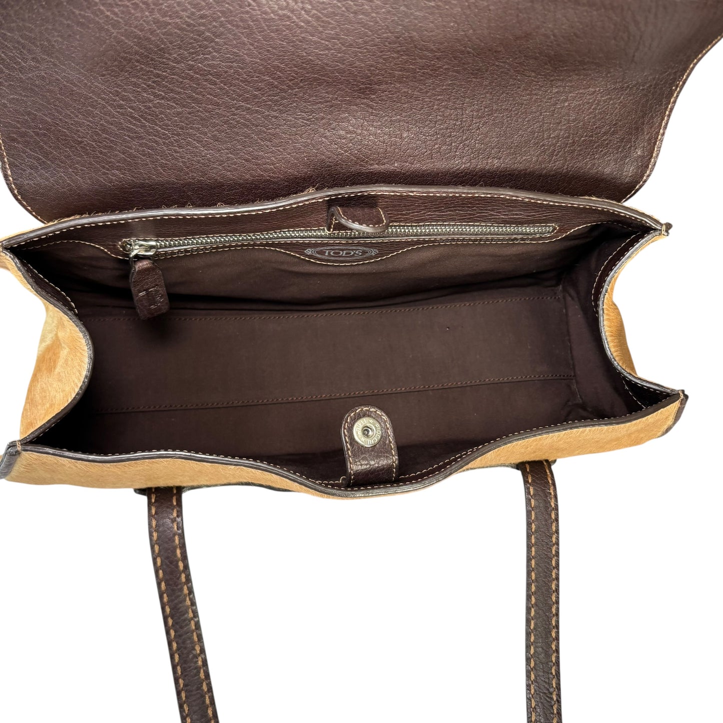 Tod’s Fawn Hair Calf Pony Brown Leather Baguette Shoulder Purse