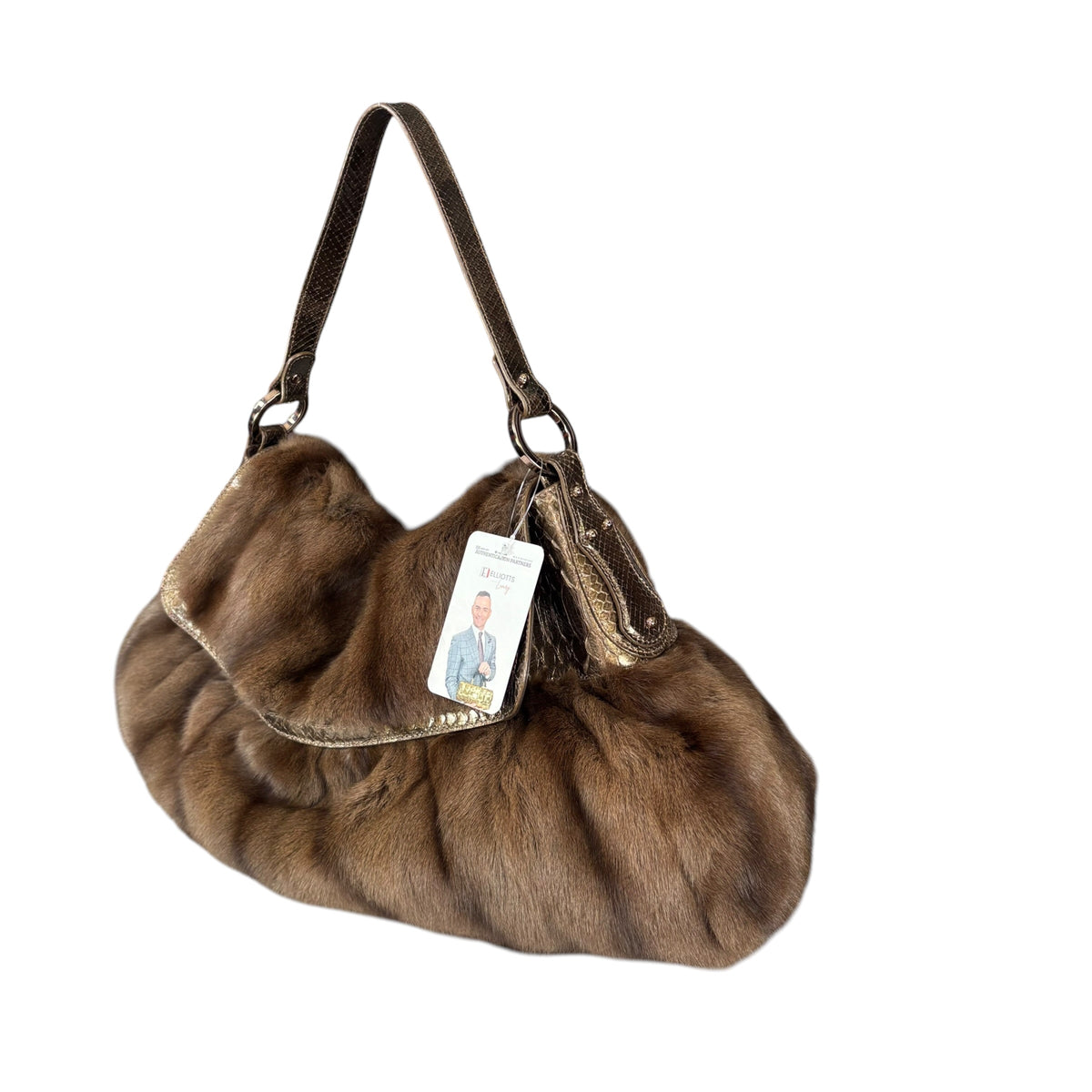 Fendi Y2K Chef Brown XL Rabbit Embossed Snake Metallic Leather Shoulder Purse