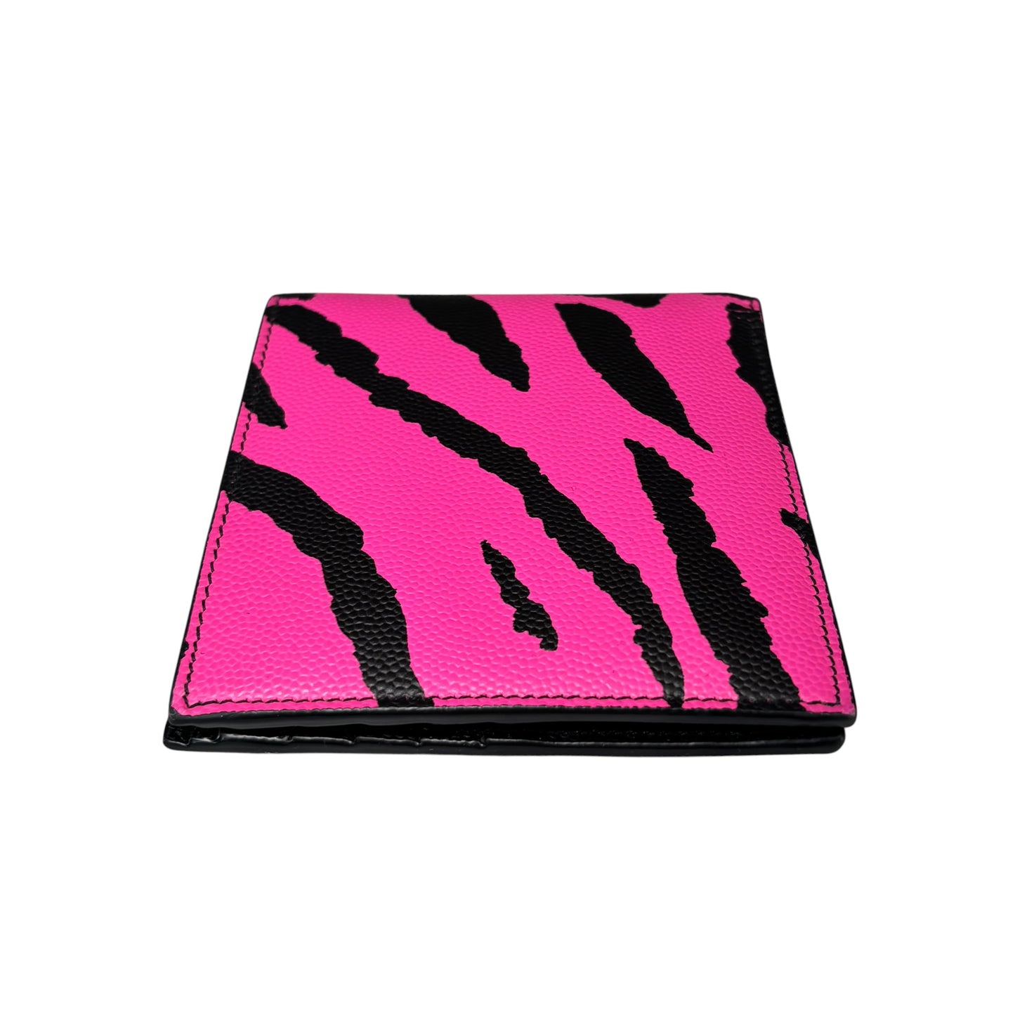 YSL Saint Laurent Mens Pink / Black Tiger Print Caviar Leather Bi-Fold Wallet