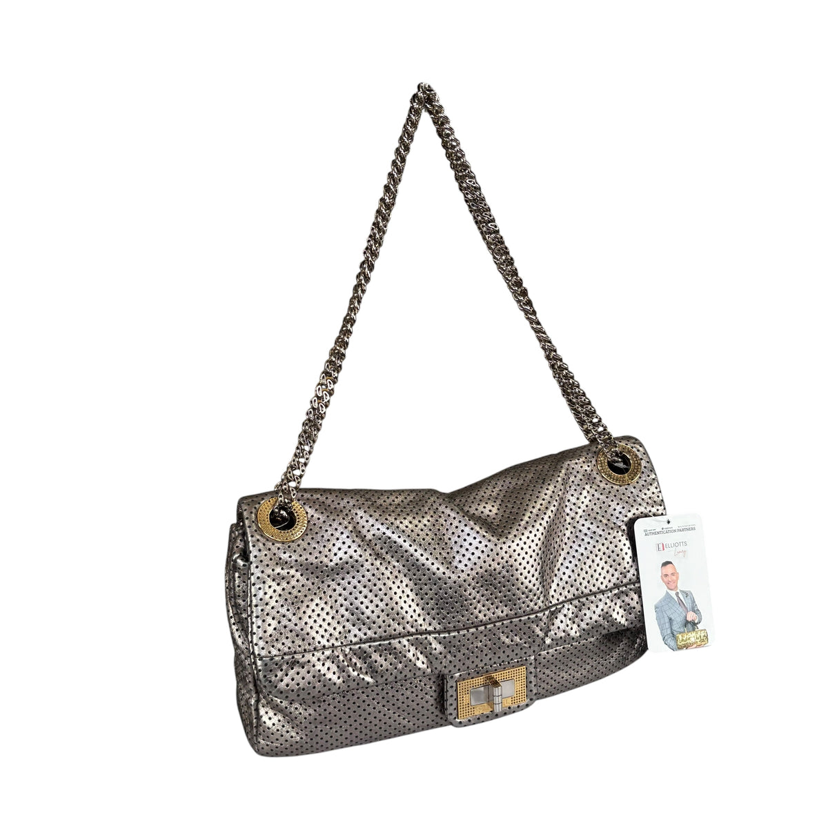 Chanel 2.55 Drill Flap Pewter Metallic Lambskin Leather GHW Med Shoulder Purse