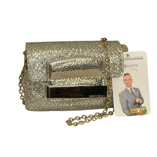 Jimmy Choo Caro Mini Metallic Rebel Gold HW Glitter Shoulder Purse Clutch