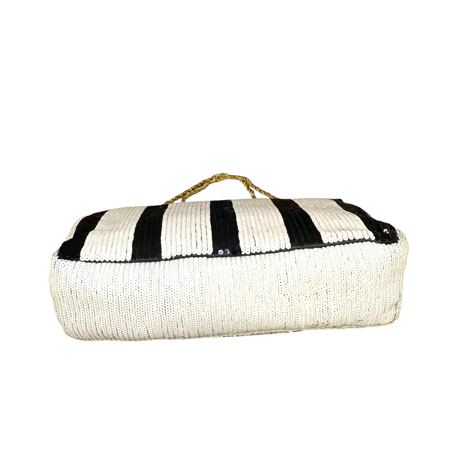 Chloe Elsie Medium Sequin Leather Stripe Black White GHW Rope Strap Shoulder Bag