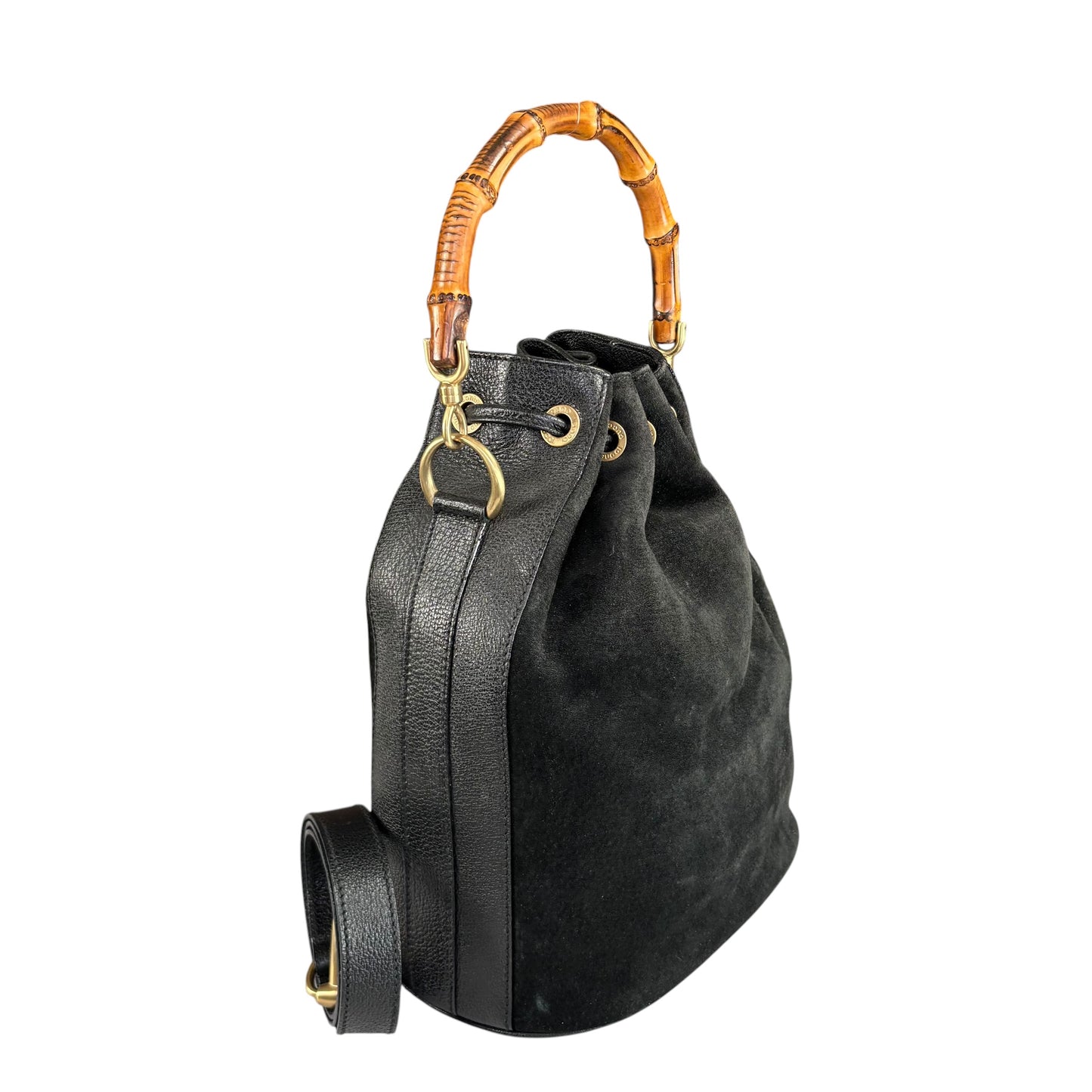 Gucci Bamboo Black Leather Suede Bucket Shoulder Bag