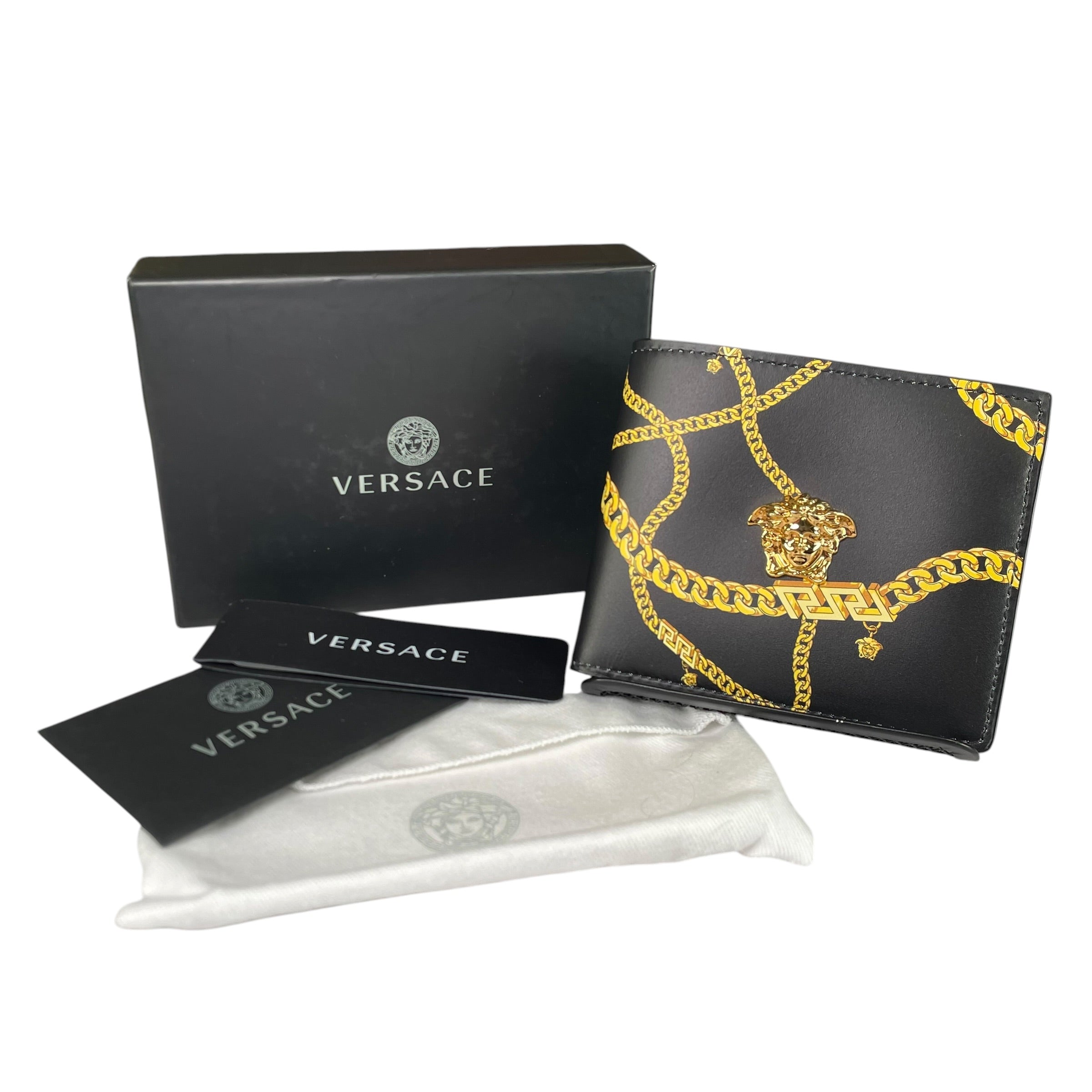 Versace Limited Mens Bi-Fold Card Holder Black Leather La Medusa