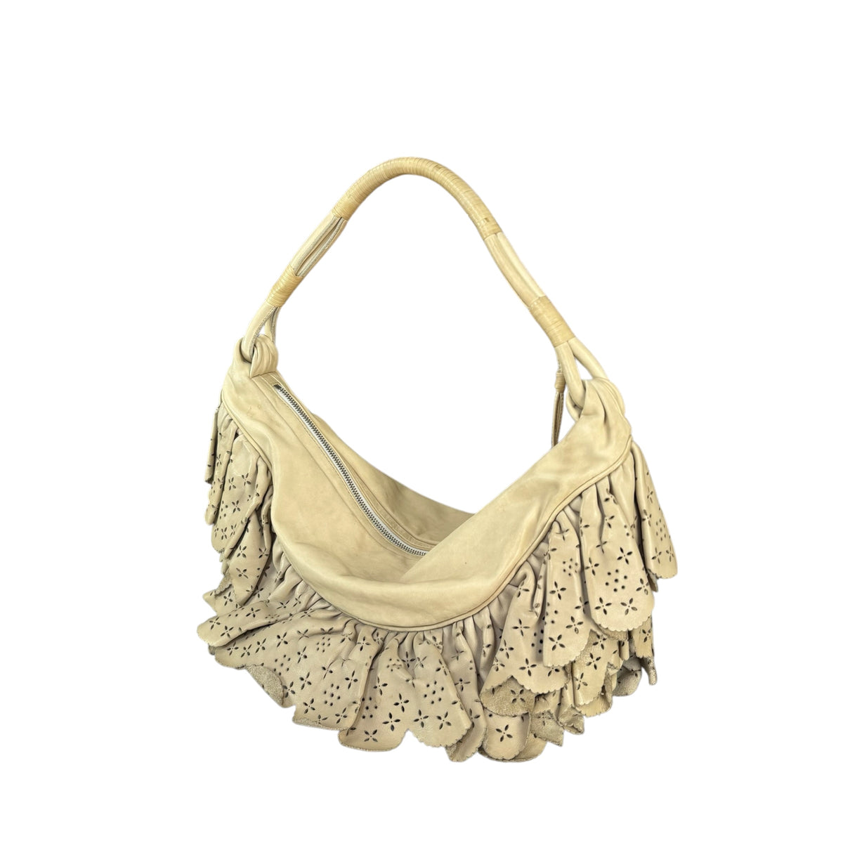 Christian Dior Bone Gypsy Ruffled Leather Perforated Hobo Bag