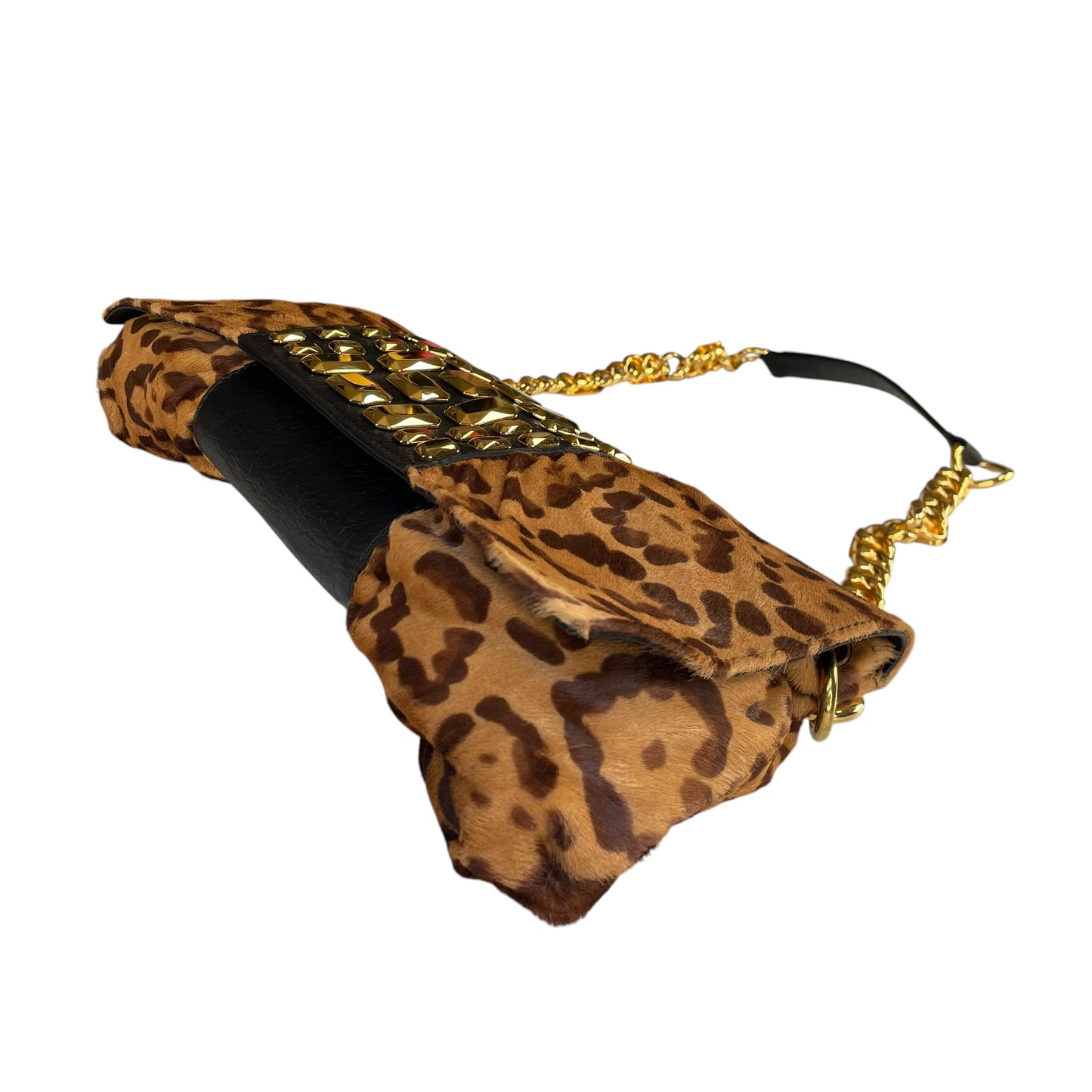 Valentino Leopard Pony Hair Studded GHW East-West Chain Shoulder Bag / Clutch