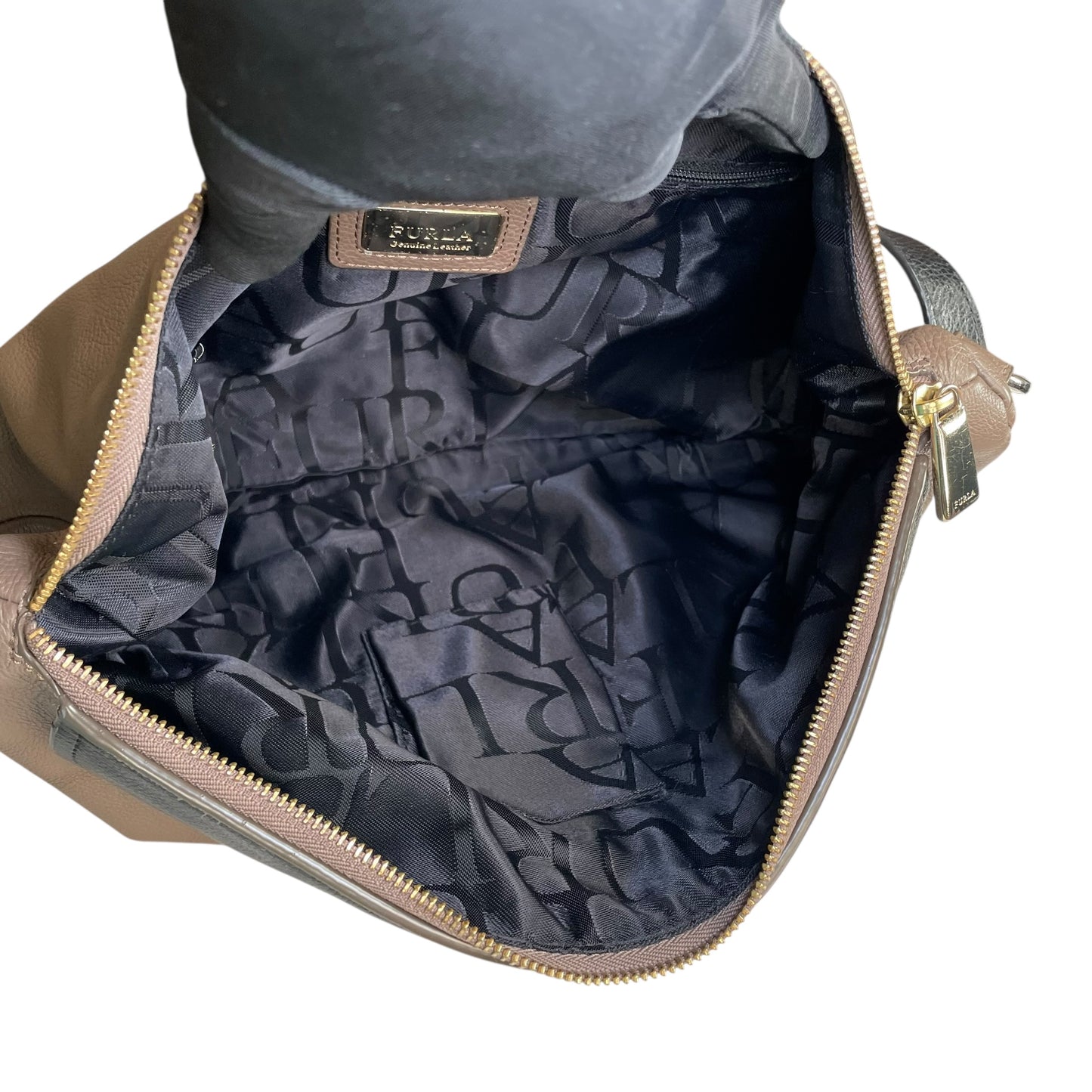 Furla Metropolis Two-Tone GHW Leather Taupe Black 2-Way Shoulder Hobo Purse