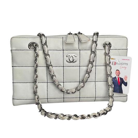 Chanel CC Timeless White Chocolate Bar Wildstitch Navy Blue SHW Shoulder Purse