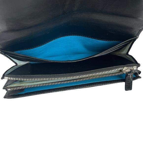 BVLGARI Black Blue Clip Snap Saffiano Leather Long Organizer Wallet