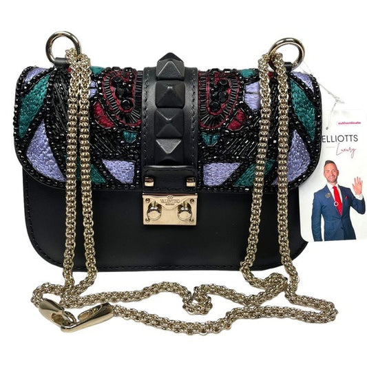 Valentino Garavani Beaded Rock Studded Chain Black Leather Multi Cross Bod Minu Bag