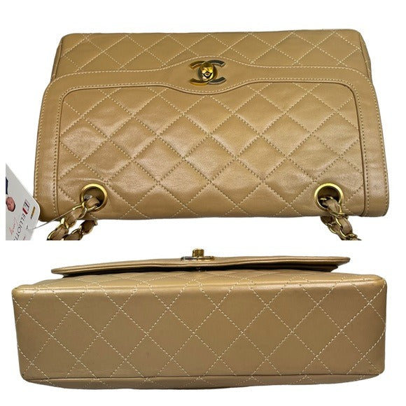 Chanel CC Beige Limited Double Two-Tone Flap Quilted Lambskin Shoulder Purse Bag