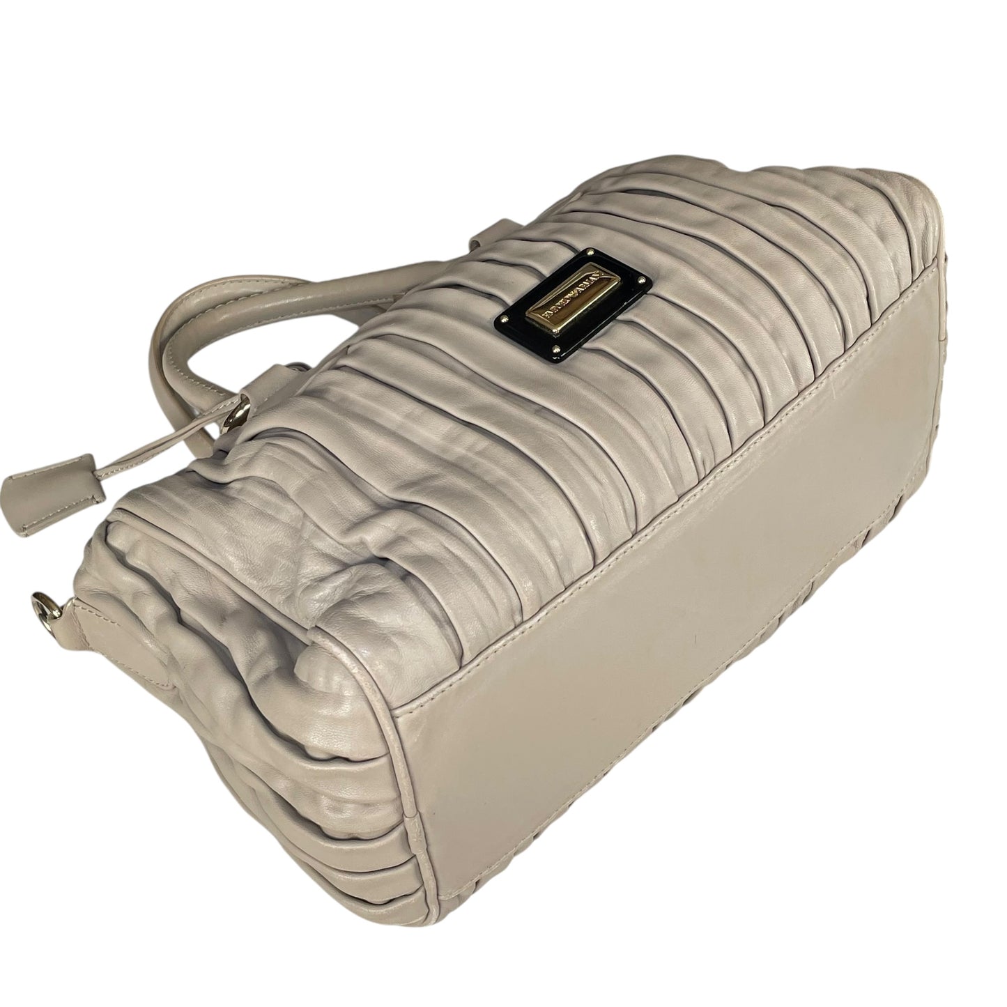 Emporio Armani Pleated GHW Leather Satchel Taupe Lock Key Crossbody Boston Bag