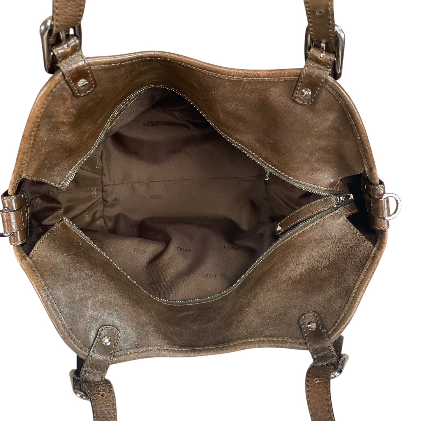 TOD’s G Easy Sacca SHW Grande Distressed Brown Leather Zip Media Tote