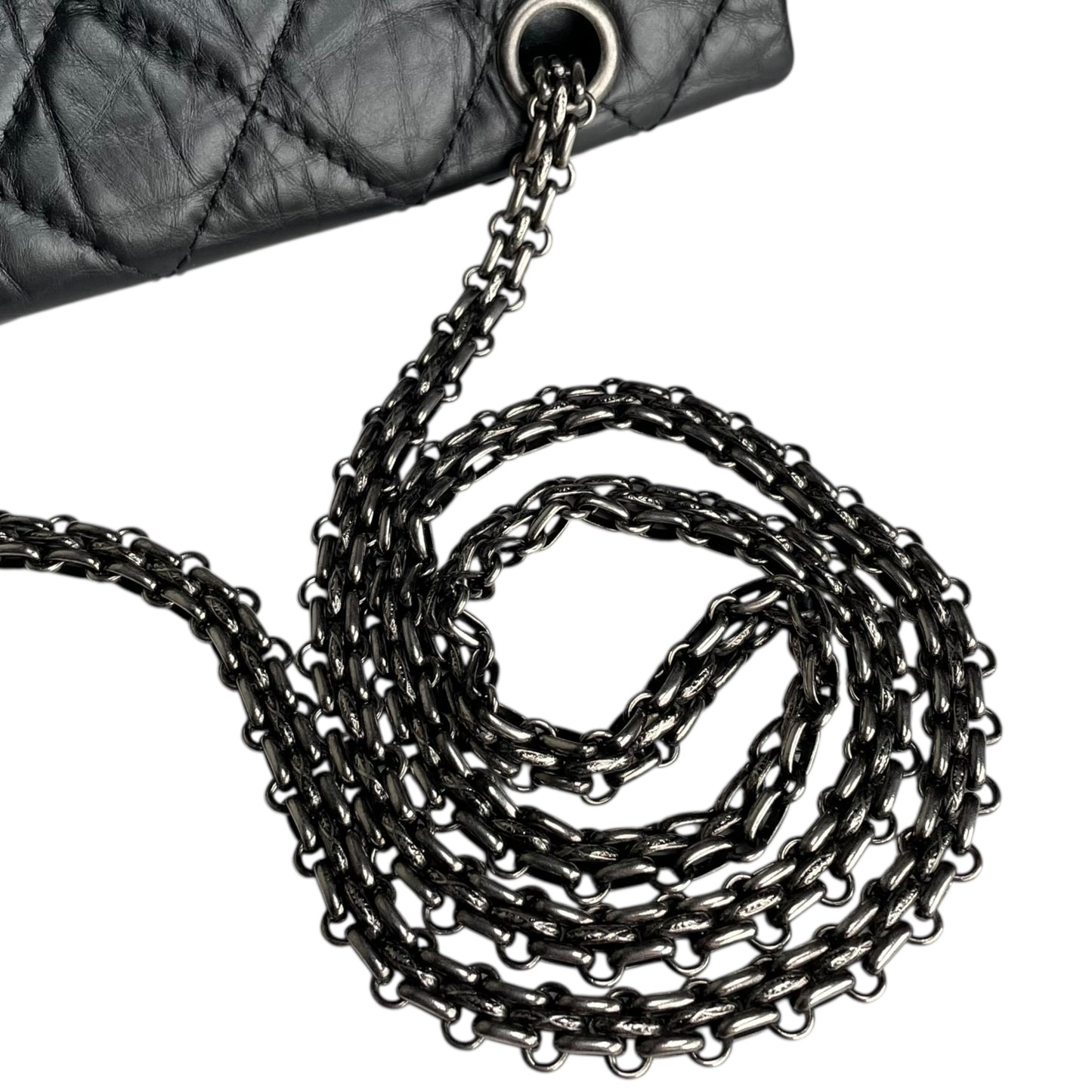 Chanel CC 255 Re-Issue Large Black Aged Calf Gunmetal Hardware Double Flap Purse