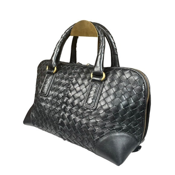 Bottega Veneta Classic Black Leather Woven Double Zip Handbag Tote Purse Bag