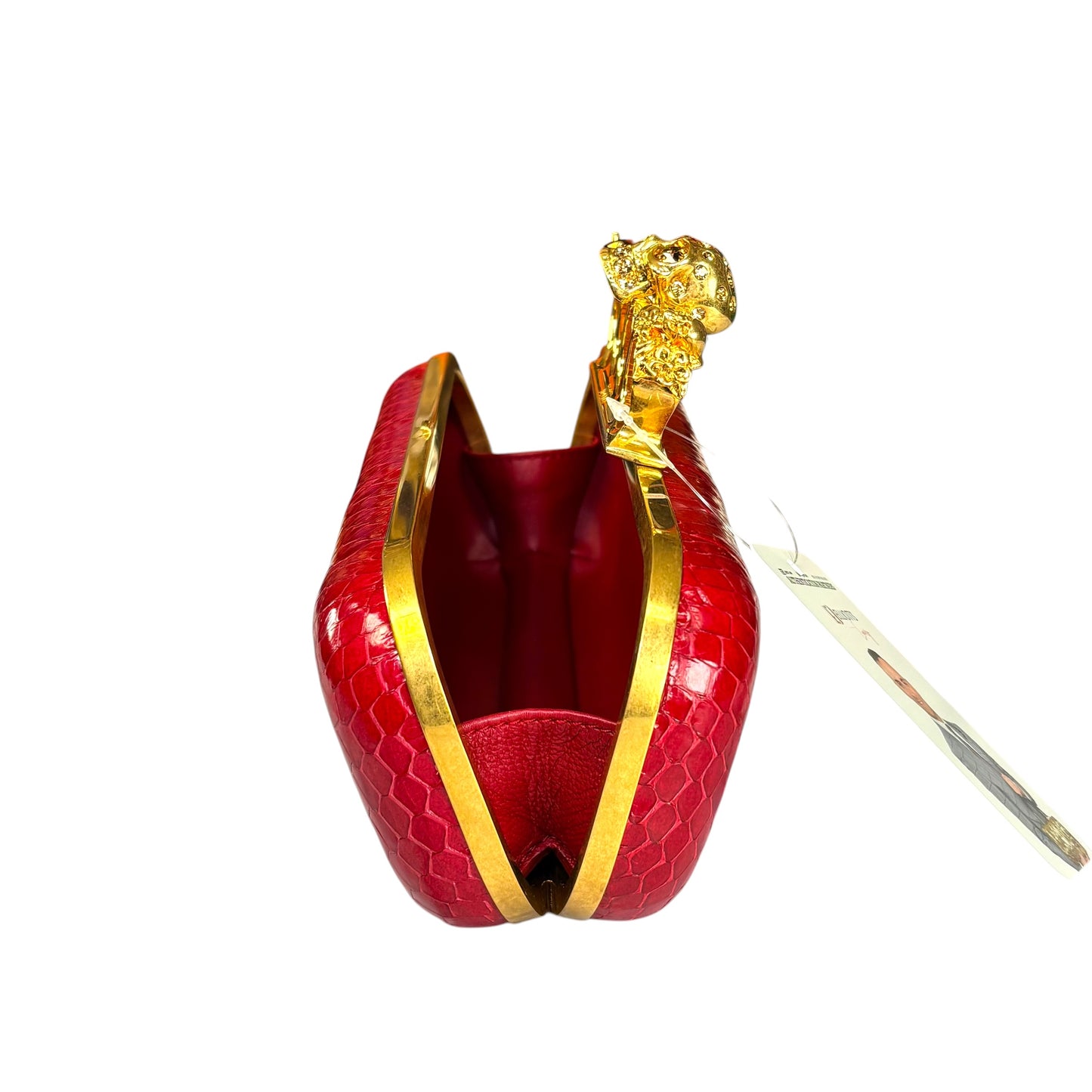 Alexander McQueen Ruby Red Embossed Leather Knuckle Clutch – Gold Rhinestone Skull Hardware