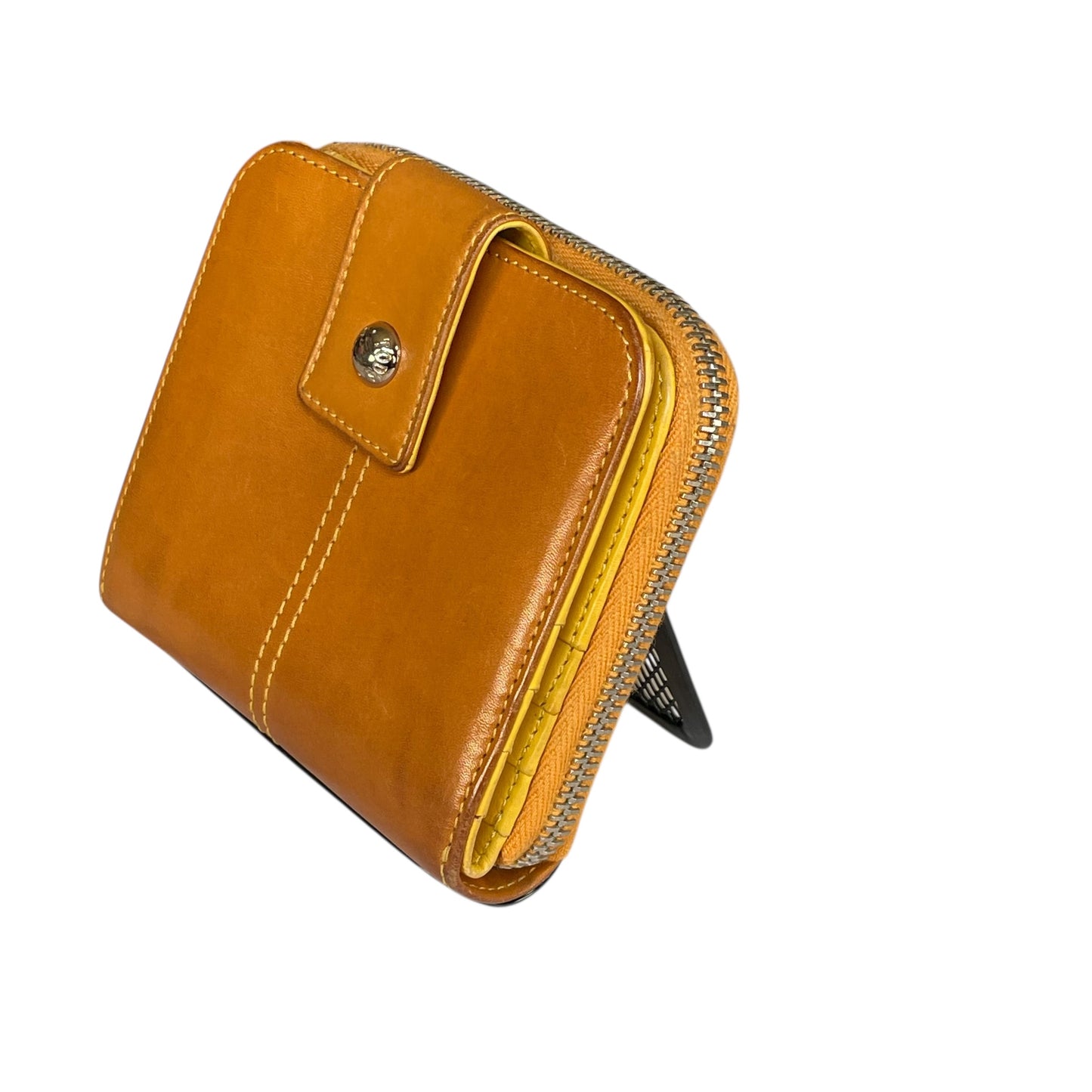TOD’s Italian Leather Brown / Yellow SHW Snap Tab Zip Around Compact Wallet