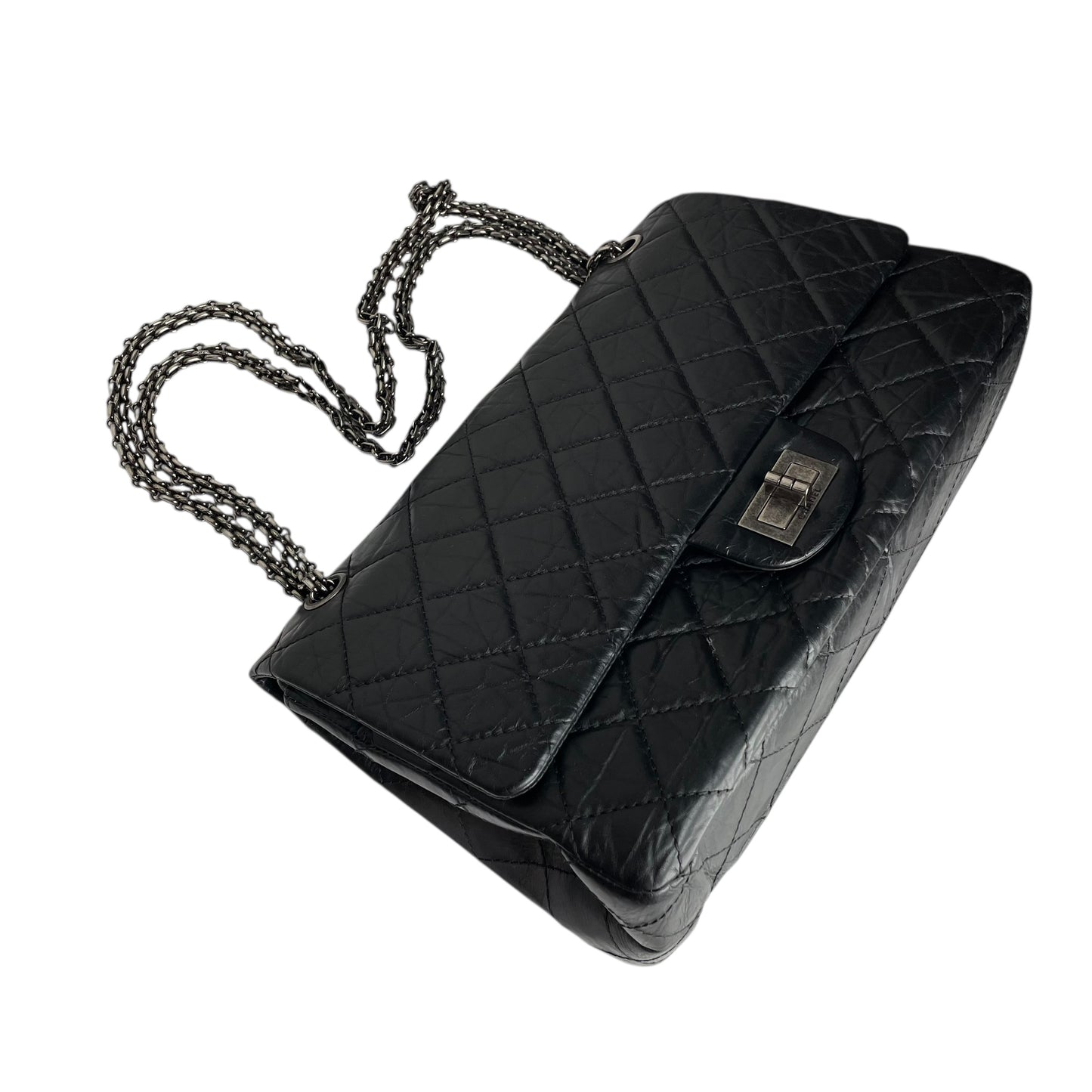 Chanel CC 255 Re-Issue Large Black Aged Calf Gunmetal Hardware Double Flap Purse