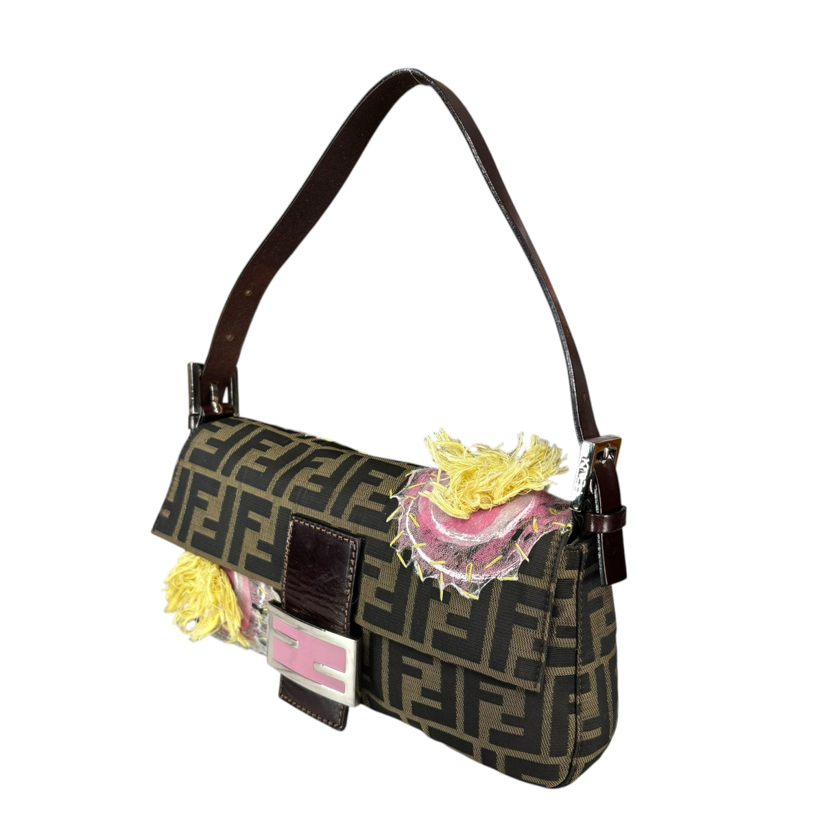 Fendi Y2K Baguette Classic Zucca Floral 3D Appliqué Purse