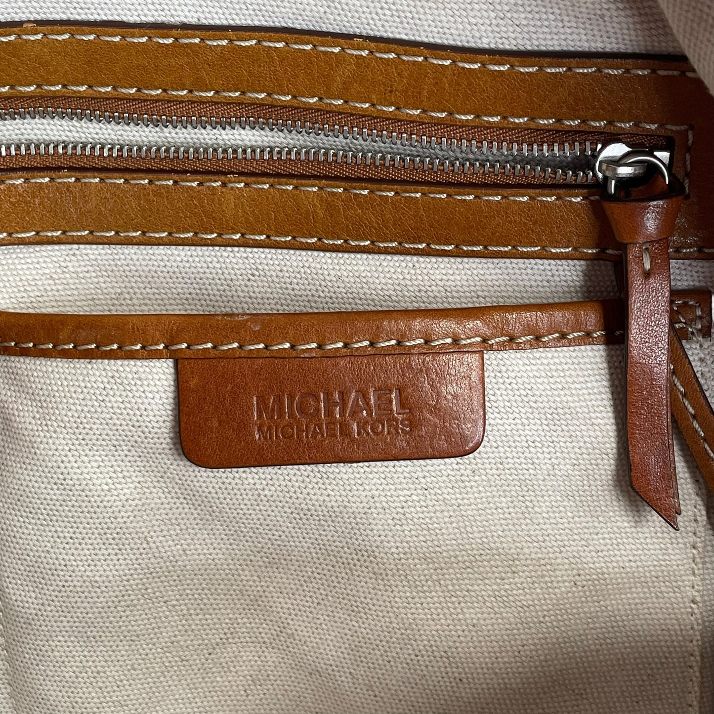 Michael Kors Astor Studded Equestrian SHW Distressed Tan Leather Satchel