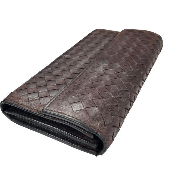 Bottega Veneta Brown Coco Woven Long Wallet Zippy Center Cash & Coin Purse