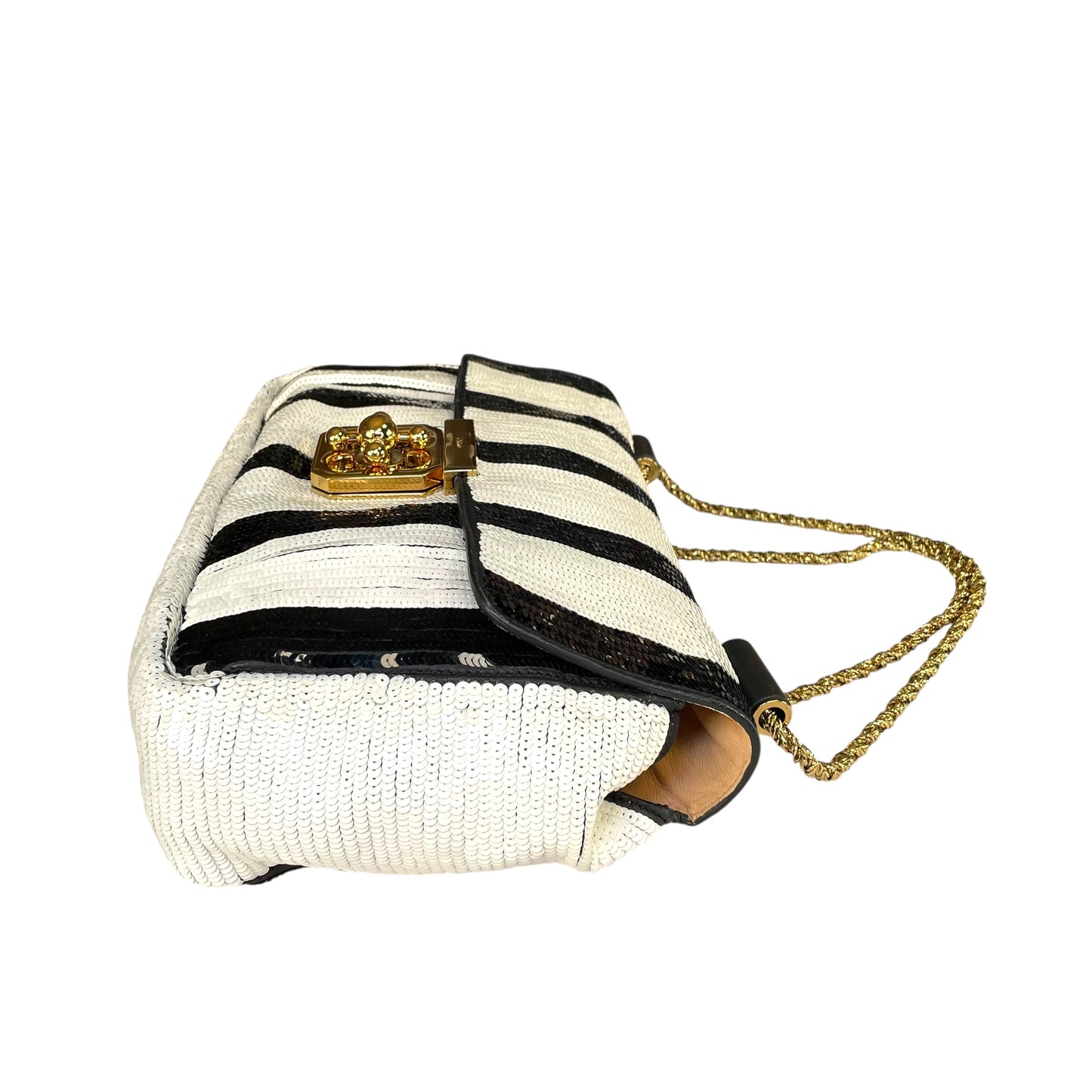 Chloe Elsie Medium Sequin Leather Stripe Black White GHW Rope Strap Shoulder Bag