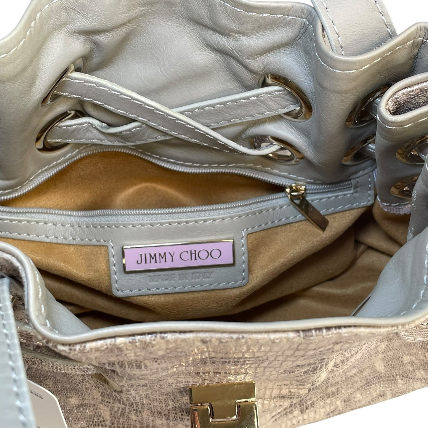 Jimmy Choo Ramona Lizard Embossed Leather Bag Creme / Gold HW Shoulder Purse