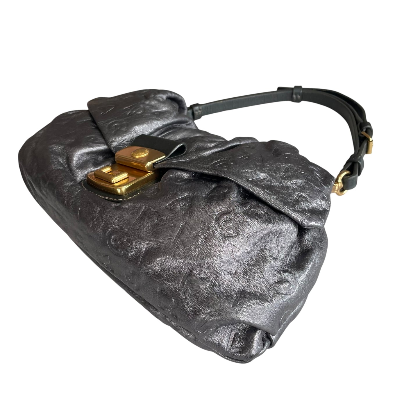 Marc Jacobs Linda Metallic Grey GHW Mono Leather Cinched Shoulder Purse